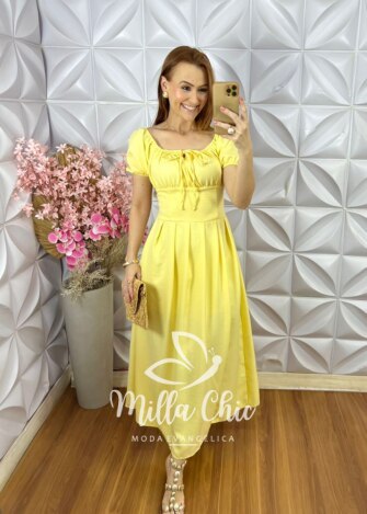 Vestido Pietra Em linho - Amarelo Manteiga - Milla Chic