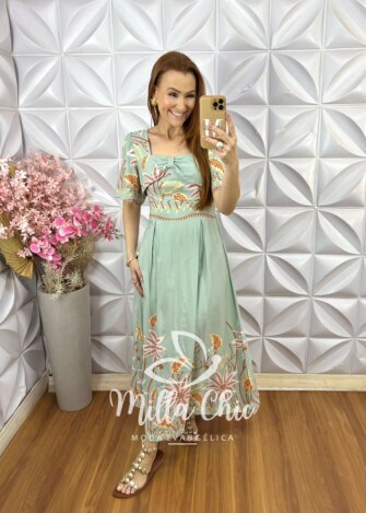 Vestido Riviera em Viscolinho - Verde Sálvia - Milla Chic