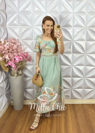 Vestido Riviera em Viscolinho - Verde Sálvia - Milla Chic