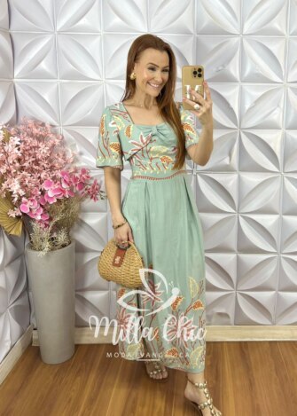 Vestido Riviera em Viscolinho - Verde Sálvia - Milla Chic