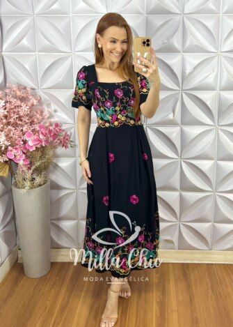 Vestido Santorini Bordado - Preto - Milla Chic