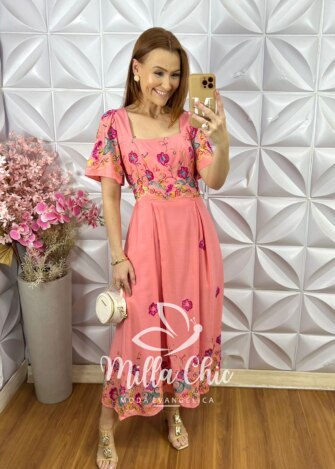 Vestido Santorini Bordado - Pêssego - Milla Chic