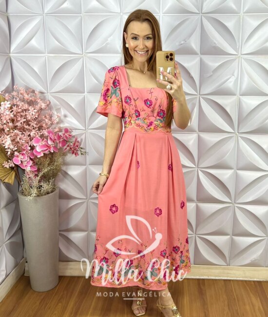Vestido Santorini Bordado - Pêssego - Milla Chic