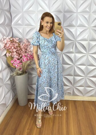 Milla Chic - millachic com br vestido sheila em viscolinho estampado azul ceu 1 Vestido Sheila Em Viscolinho Estampado - Azul Céu - Milla Chic