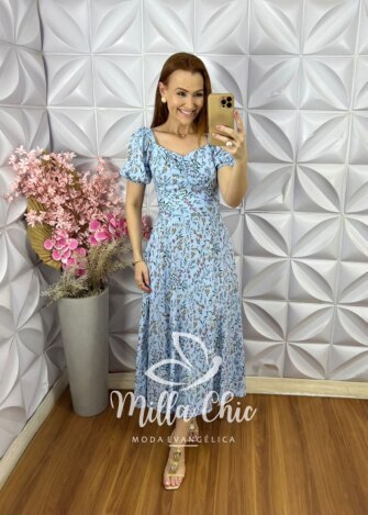 Vestido Sheila Em Viscolinho Estampado - Azul Céu - Milla Chic