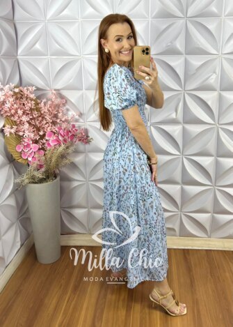 Milla Chic - millachic com br vestido sheila em viscolinho estampado azul ceu 3 Vestido Sheila Em Viscolinho Estampado - Azul Céu - Milla Chic