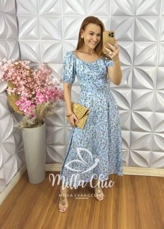Milla Chic - millachic com br vestido sheila em viscolinho estampado azul ceu Vestido Sheila Em Viscolinho Estampado - Azul Céu - Milla Chic