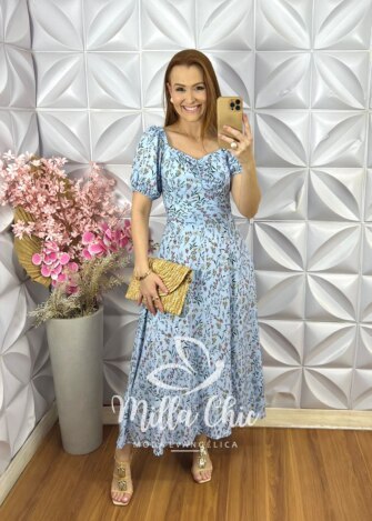 Vestido Sheila Em Viscolinho Estampado - Azul Céu - Milla Chic