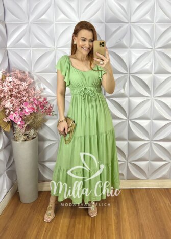 Vestido Shirley em Viscolinho - Verde Menta - Milla Chic