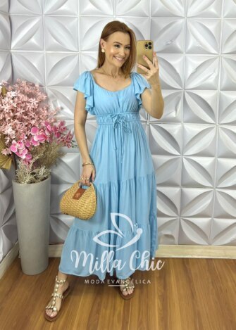 Vestido Shirley em Viscolinho - Azul Baby - Milla Chic
