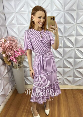 Vestido Sicília em Viscolinho Listrado - Roxo - Milla Chic