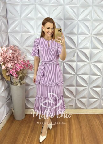 Vestido Sicília em Viscolinho Listrado - Roxo - Milla Chic