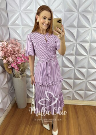 Vestido Sicília em Viscolinho Listrado - Roxo - Milla Chic
