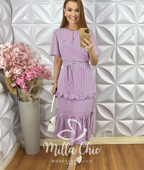Vestido Sicília em Viscolinho Listrado - Roxo - Milla Chic