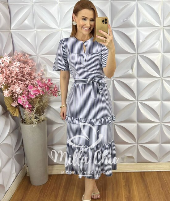 Vestido Sicília em Viscolinho Listrado - Roxo - Milla Chic