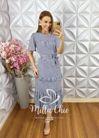 Vestido Sicília em Viscolinho Listrado - Roxo - Milla Chic