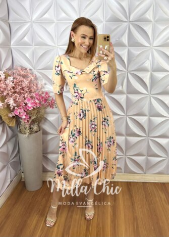 Vestido Valentina Plissado - Pêssego - Milla Chic