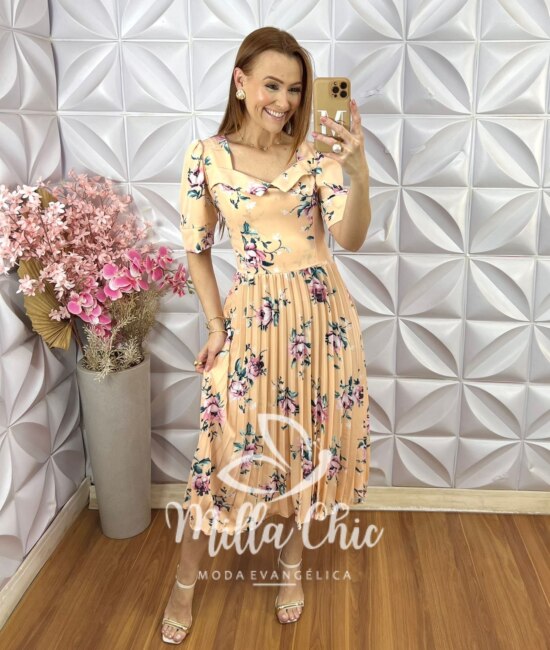 Vestido Valentina Plissado - Pêssego - Milla Chic