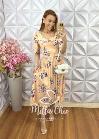 Vestido Valentina Plissado - Pêssego - Milla Chic