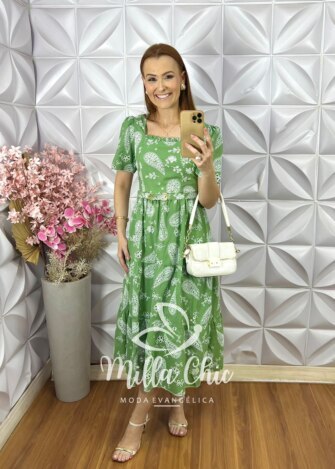 Vestido Viviane em Lesie Algodão Menta - Verde Menta - Milla Chic