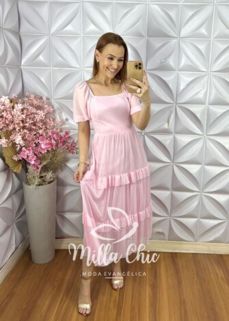 Vestido Viviane em Lesie Algodão Menta - Verde Menta - Milla Chic