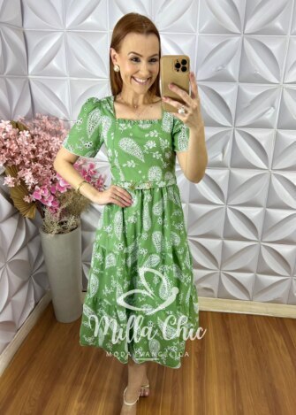 Vestido Viviane em Lesie Algodão Menta - Verde Menta - Milla Chic