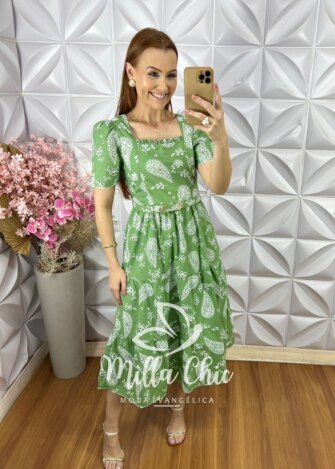 Vestido Viviane em Lesie Algodão Menta - Verde Menta - Milla Chic
