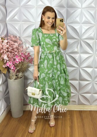 Vestido Viviane em Lesie Algodão Menta - Verde Menta - Milla Chic