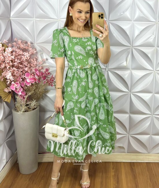 Vestido Viviane em Lesie Algodão Menta - Verde Menta - Milla Chic