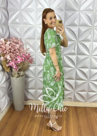 Vestido Viviane em Lesie Algodão Menta - Verde Menta - Milla Chic