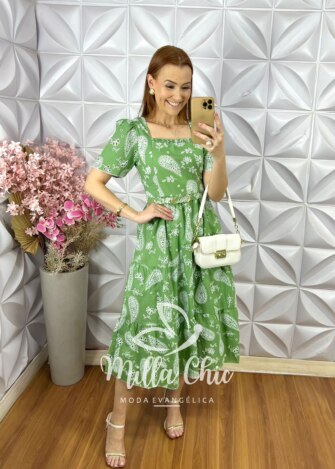 Vestido Viviane em Lesie Algodão Menta - Verde Menta - Milla Chic