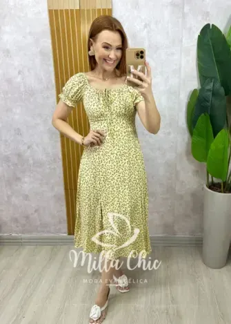Vestido Judite em viscolinho amarelo manteiga estampado - Milla Chic