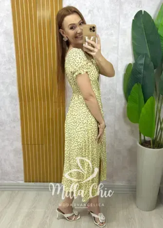 Vestido Judite em viscolinho amarelo manteiga estampado - Milla Chic