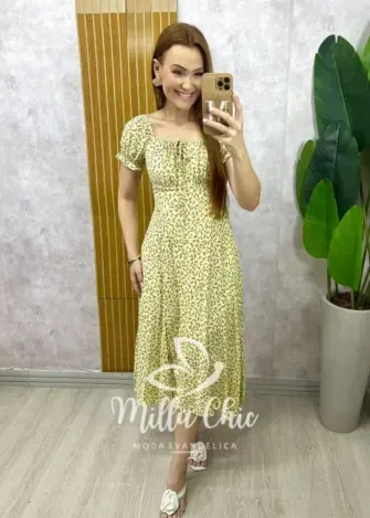 Vestido Judite em viscolinho amarelo manteiga estampado - Milla Chic