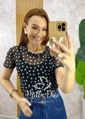 Blusa Preta Penélope Em Tule - Poá - Milla Chic