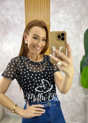 Blusa Preta Penélope Em Tule - Poá - Milla Chic