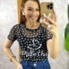 Blusa Preta Penélope Em Tule - Poá - Milla Chic