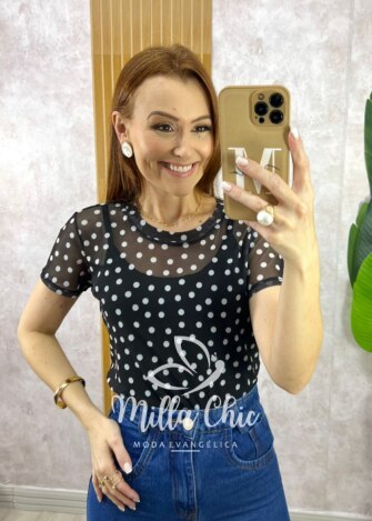 Blusa Preta Penélope Em Tule - Poá - Milla Chic