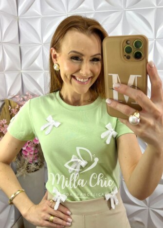 Blusa Gioconda em Malha Algodão com Lacinho - Menta - Milla Chic