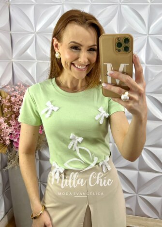 Blusa Gioconda em Malha Algodão com Lacinho - Menta - Milla Chic