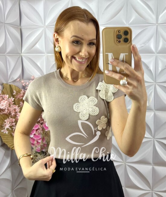 Blusa Isis em Tricot com Bordado - Cappuccino - Milla Chic