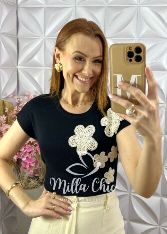 Blusa Isis em Tricot com Bordado - Preta - Milla Chic