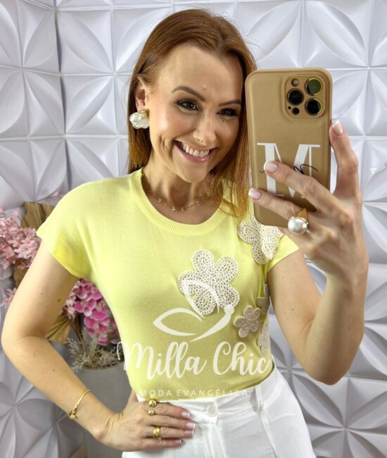Blusa Isis em Tricot com Bordado - Amarela - Milla Chic