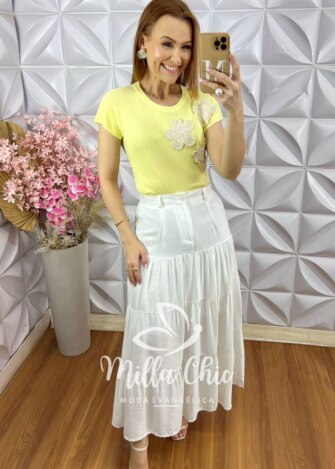 Blusa Isis em Tricot com Bordado - Amarela - Milla Chic