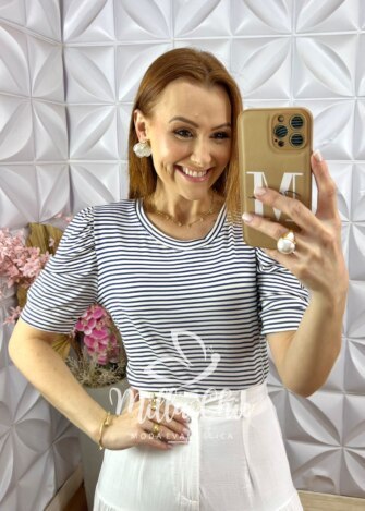 Blusa Maria Em Viscolycra Listrada - Azul Marinho - Milla Chic