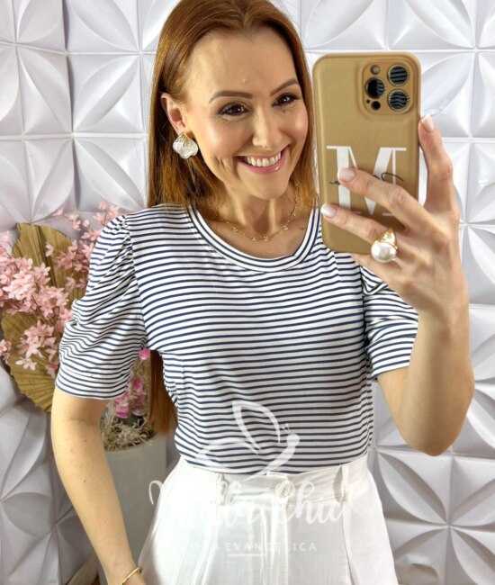 Blusa Maria Em Viscolycra Listrada - Azul Marinho - Milla Chic