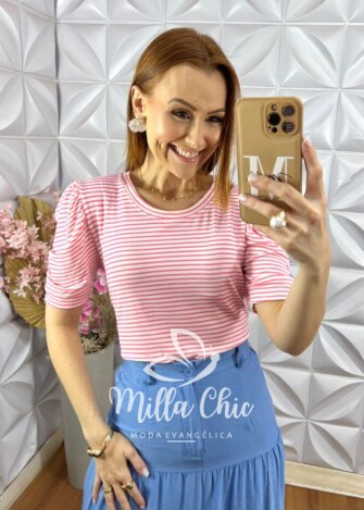 Blusa Maria Em Viscolycra Listrada - Rosa - Milla Chic