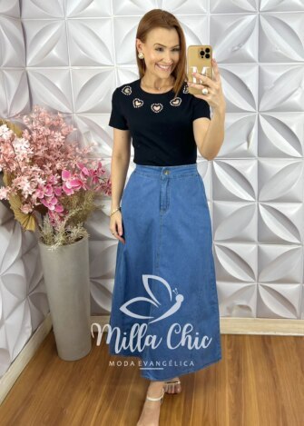 Blusa Suíça em Algodão com Aplicação - Preta - Milla Chic