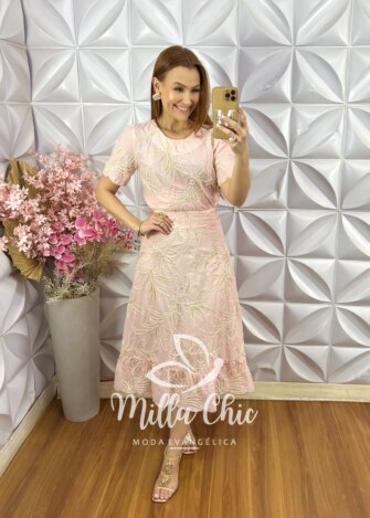 Conjunto Malu Em Bordado Cordonê - Rosa Pó - Milla Chic