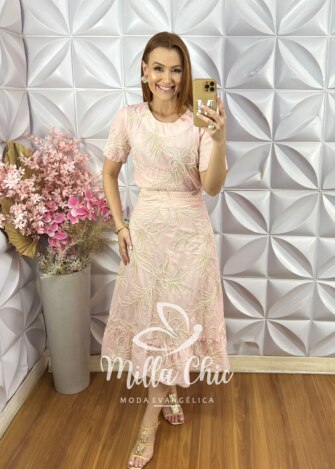 Conjunto Malu Em Bordado Cordonê - Rosa Pó - Milla Chic